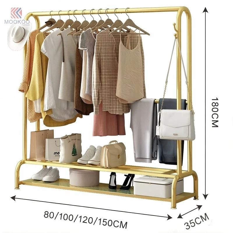 Modern Rotating Gold Polished Metal Floor Garment Rack With Bottom Shelf For Home Bedroom Living Room Entryway price